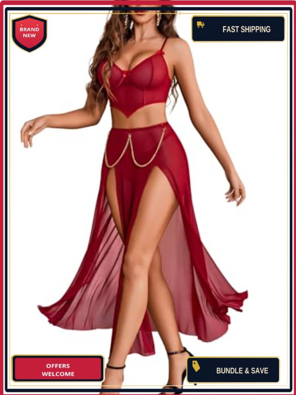 Avidlove Women Lingerie Babydoll Chemise 3 Piece Set Mesh Split Nightgown